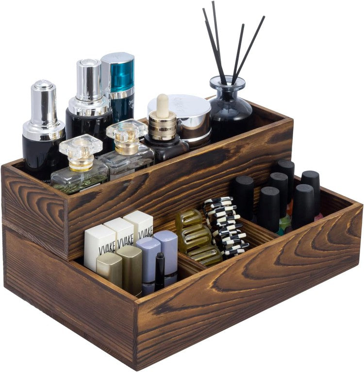 2 Tier Brown Wood Stackable Modular Vanity Storage Organizer Trays, Countertop Makeup Cosmetic Box, 2 Piece Set-MyGift