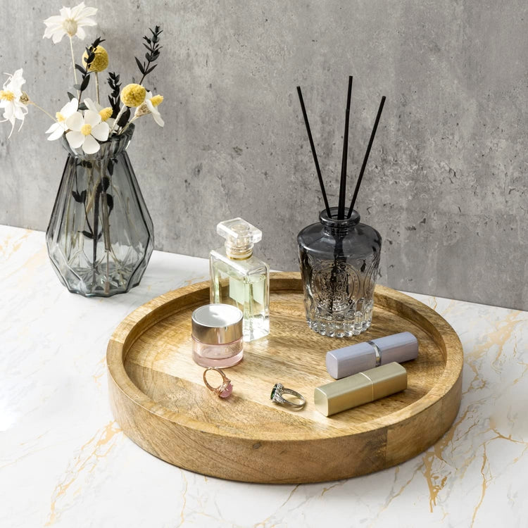 11 Inch Mango Wood Round Vanity Tray, Serving Platter, Centerpiece Display for Dining, Console, and Coffee Tables-MyGift