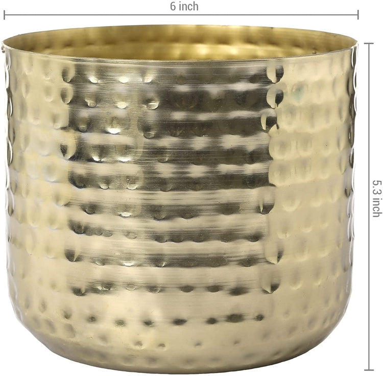 6-Inch Metal Planter Brass Tone Flower Pot with Hammered Texture, Succulent Planter, Cylindrical Indoor Plant Container-MyGift