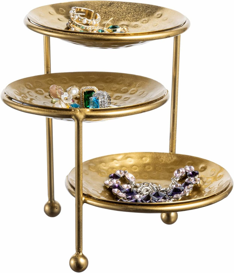3 Tier Jewelry Dish Organizer, Hammered Brass Plated Metal Ring Tray, Earring, Necklace, Bracelet Storage Display Tower-MyGift
