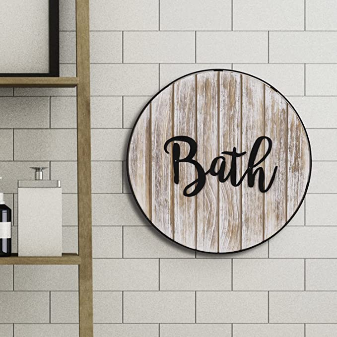 Whitewashed Wood & Black Metal Bathroom Wall Decor Sign with Cursive Bath Lettering-MyGift