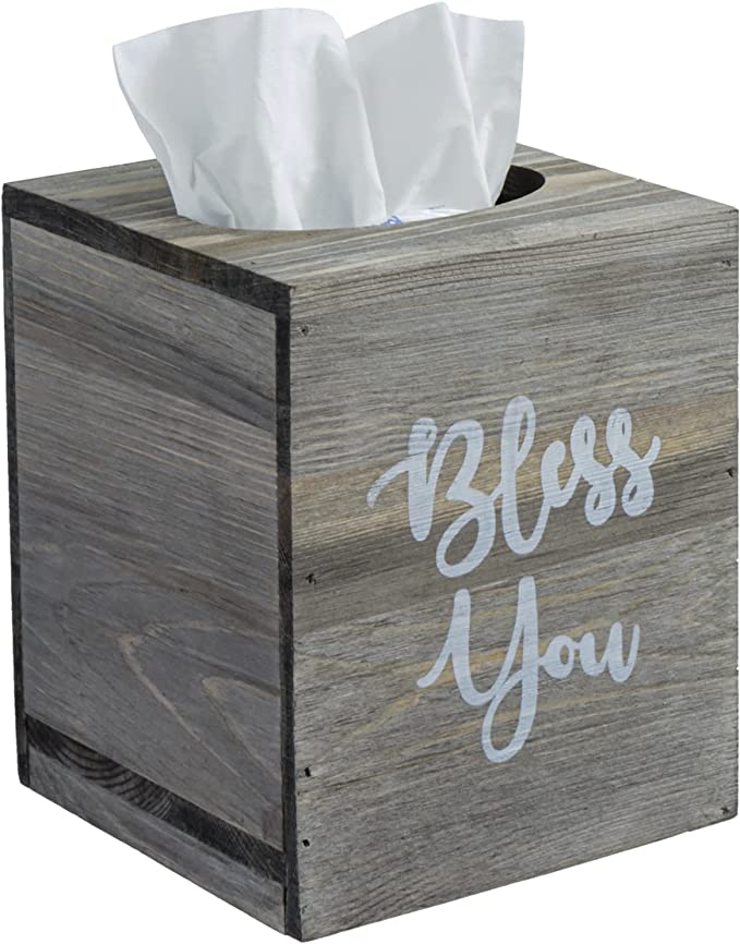 Rustic Gray Wood Square Tissue Box Cover with Slide Out Bottom and Bless You Lettering-MyGift