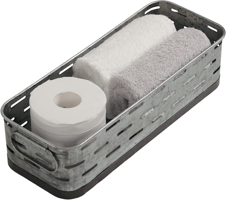 Galvanized Metal Decorative Storage Basket, Bathroom Organizer Bin with Handles-MyGift