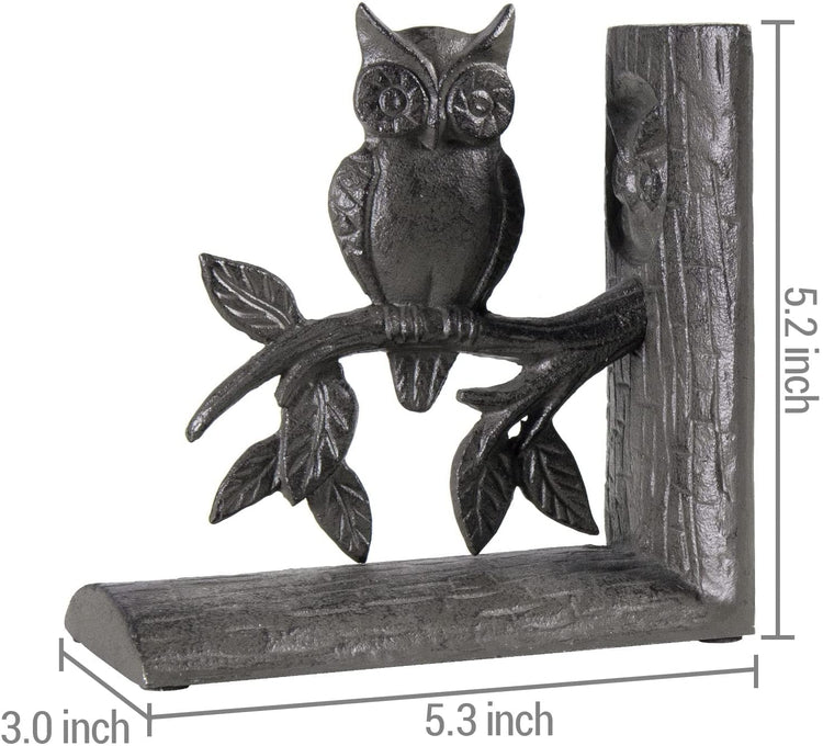Dark Brown Cast Iron Decorative Bookends, Vintage Style Owl Sculpted Book Holders, 1 Pair-MyGift