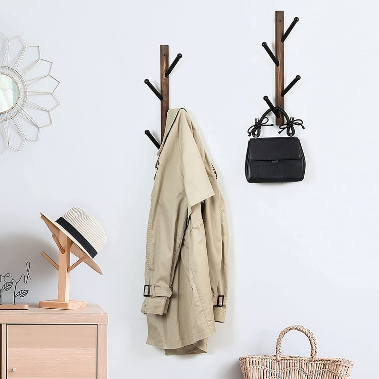 Set of 2, Wood and Black Metal Coat Rack, Vertical Wall Mounted Hat Hanging Coat Tree Hook Rack-MyGift