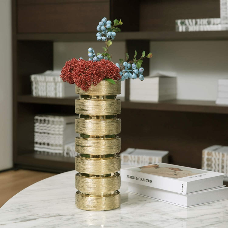 Tall Modern Gold Ceramic Cylindrical Flower Vase Home + Wedding Décor-MyGift