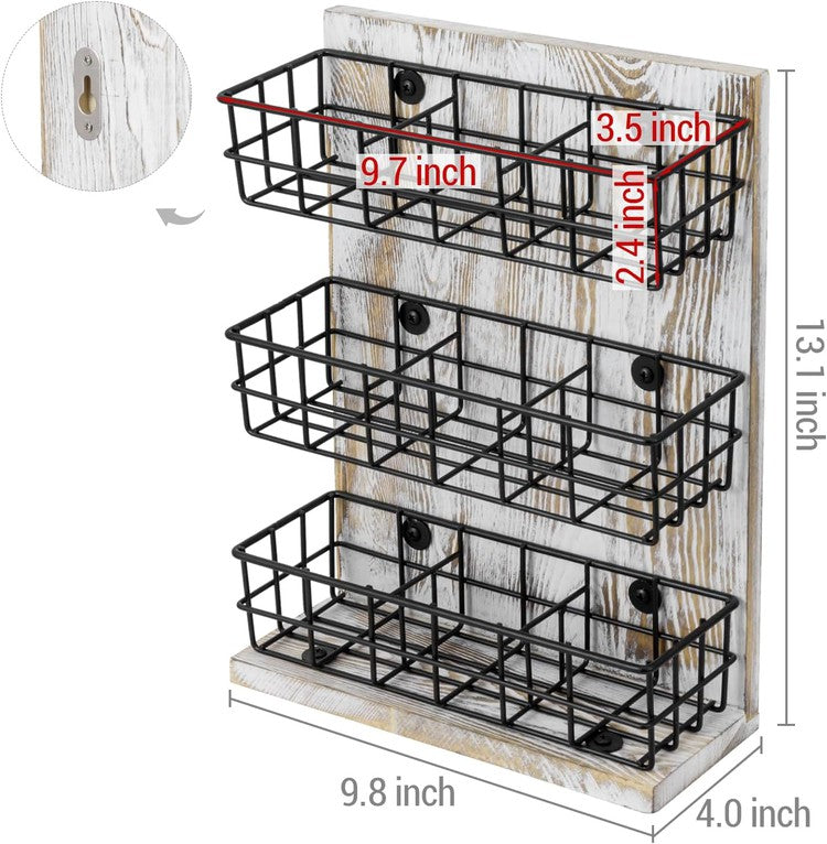 Tiered Whitewashed Wood and Matte Black Metal Wire Teabag Holder Countertop Stand or Wall Mounted Basket Rack-MyGift
