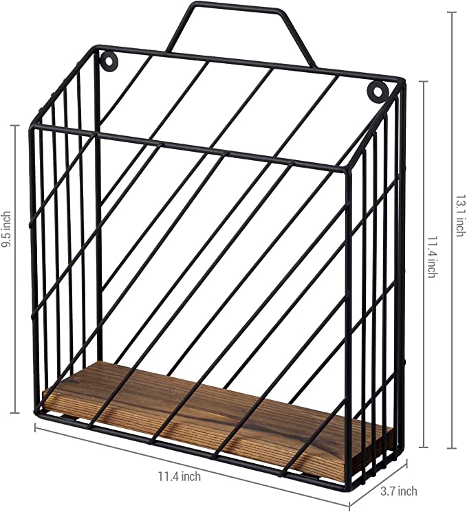 Black Metal Document Holder Storage Basket, Magazine Rack with Rustic Burnt Wood Base-MyGift