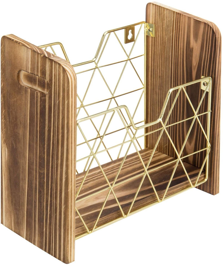 Burnt Wood and Geometric Brass Wire Magazine Holder, Wall Mounted Basket Rack-MyGift