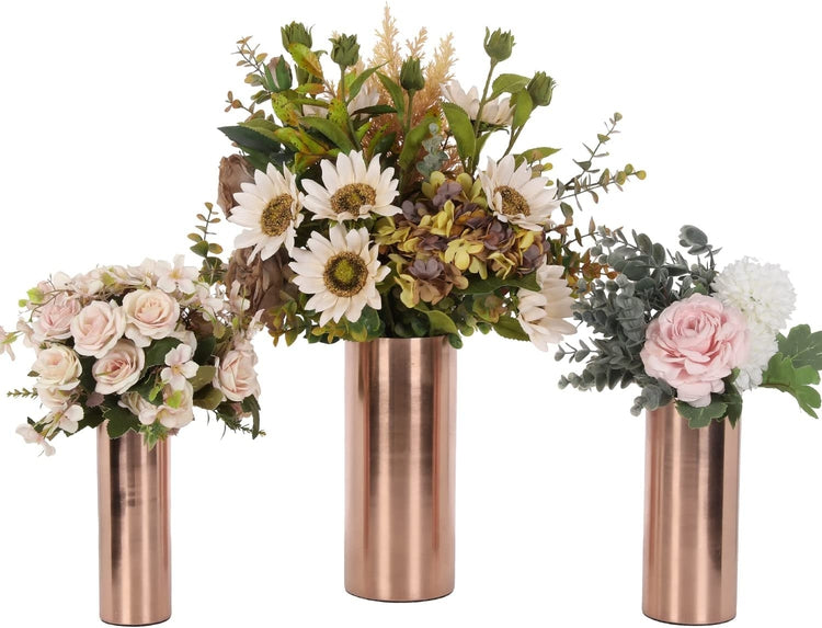 Tall Copper Tone Metal Cylinder Wedding Centerpiece Flower Vases, 3 Piece Set, Larger Assorted Sizes-MyGift
