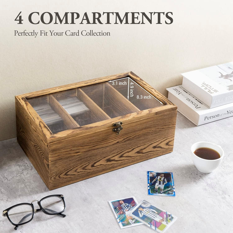 Burnt Wood Trading Card Storage Box with 4 Compartments, 4 Acrylic Dividers, Hinged Clear Viewing Lid, and Metal Latch-MyGift