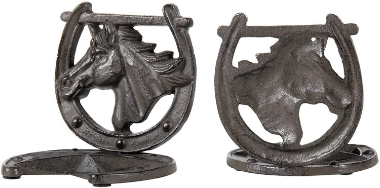 Dark Brown Cast Iron Western Theme Decorative Bookends with Horse, Horseshoe and Star Design, Heavy Duty Book Stand-MyGift