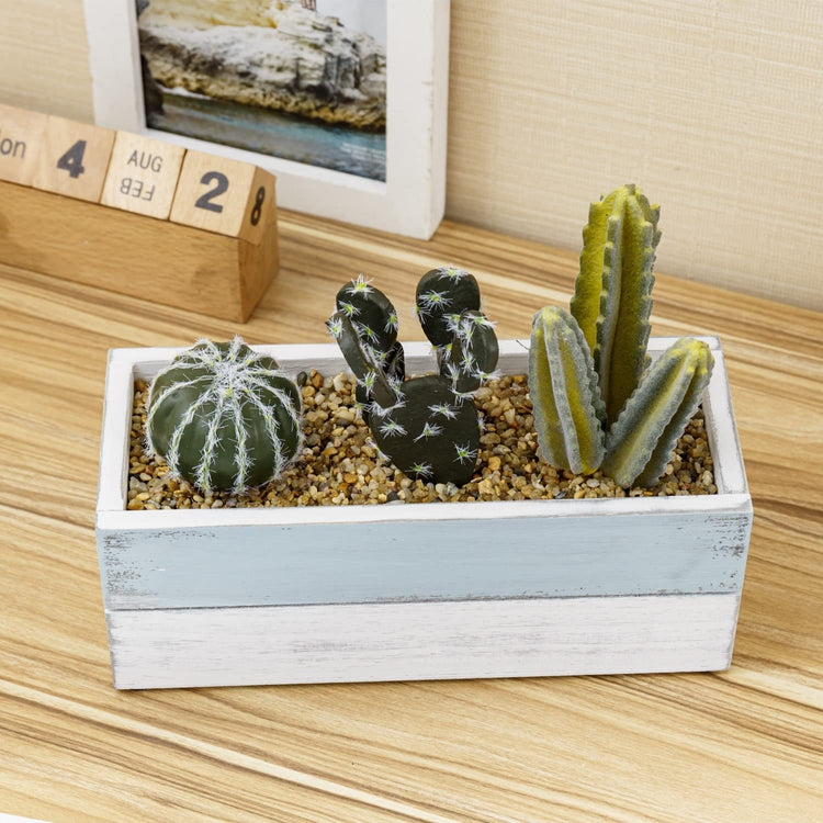 Artificial Mini Cactus Plants in Mixed Color Blue and White Wood Planter, Wall Mounted Rectangular Box-MyGift
