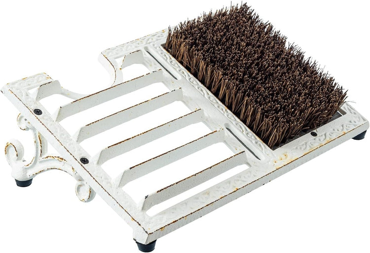 Heavy Duty White Cast Iron Angled Shoe Scraper and Scrubber Mat, Footwear Dirt Cleaning Brush and Boot Puller for Porch-MyGift
