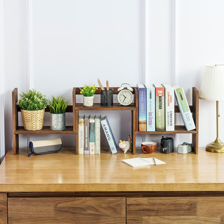 Brown Wood Desktop Shelf, Bookshelf Organizer Stand, Home or Office Desk Storage Shelving Rack-MyGift
