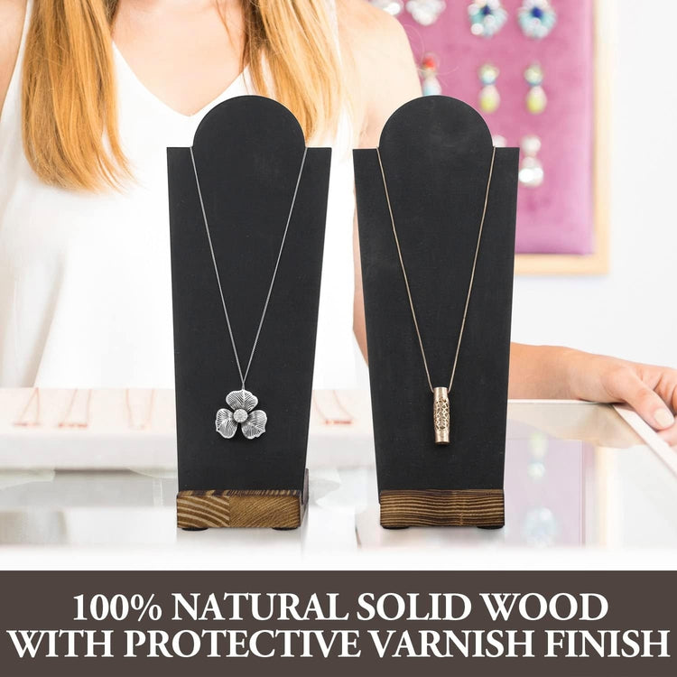 Set of 2, Black Necklace Easel Stand with Detachable Burnt Wood Base, Tabletop Neck Form Jewelry Holder Display Rack-MyGift