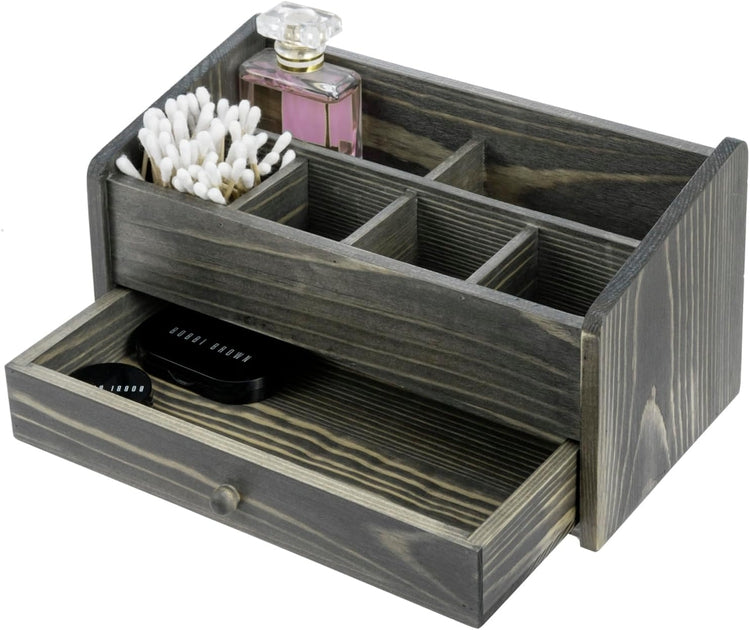 6 Compartment Gray Wood Modular Vanity Storage Box, Tabletop Angled Caddy for Jewelry Perfume Cosmetics Hair Accessories-MyGift