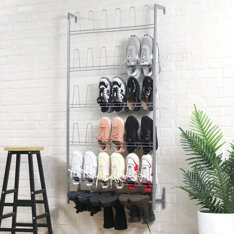 Sliver Metal Wall Mounted Boots and Shoe Rack Storage Organizer Stand, Holds up to 18 Pairs-MyGift