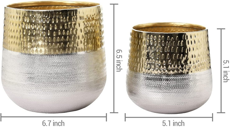 hammered silver plant pot Round Indoor Planter Pot, Hammered Brass and Milled Embossed Silver Tone Metal Planter, Set of 2