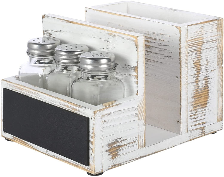 All-in-one Whitewashed Wood Condiment Serving Caddy with Napkin Holder, Utensil Organizer, 3 Salt & Pepper Shakers and Chalkboard Surface-MyGift