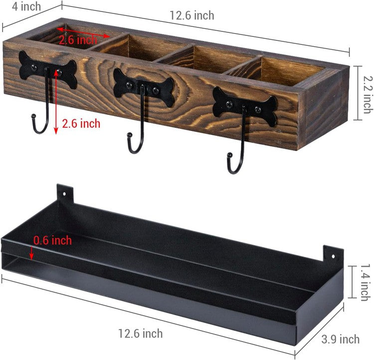 Wall Mounted Brown Wood Umbrella Holder with 3 Black Metal Hanger Hooks, 2 Piece Set-MyGift