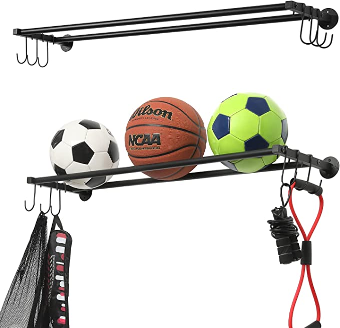 Wall Mounted Black Metal Sports Ball Holder with Hanging Hooks, Gym Wall Organizer Rack, Set of 2-MyGift