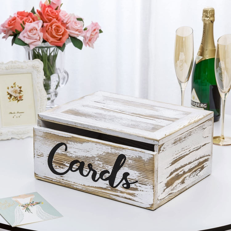 MyGift Vintage White Wood Wedding Card Box - Decorative Party Cards and  Stationery Holder with Slotted Lid & Antique Hinge Lock
