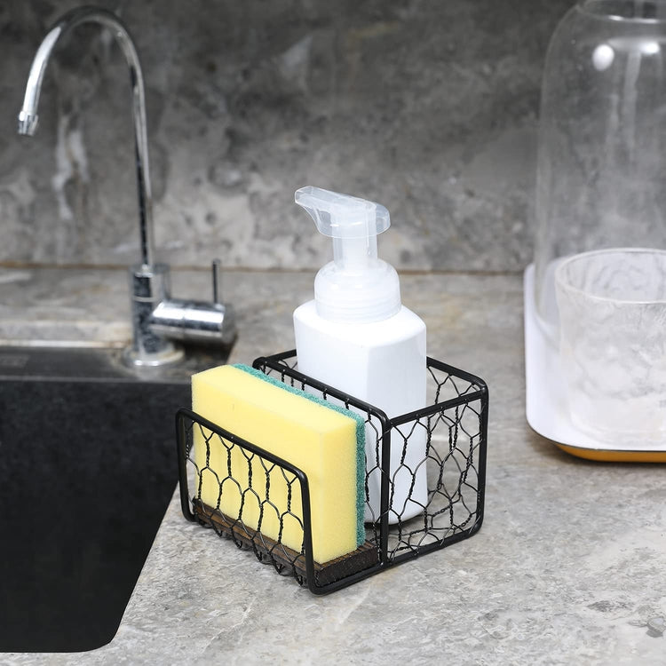 Modern Black Chicken Wire Bottled Dish Soap and Sponge Holder for the Kitchen Sink-MyGift