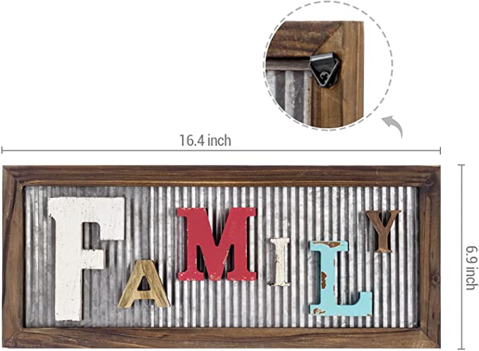 Decorative Word Sign, Rustic Mixed Color Family Wall Décor with Galvanized Metal and Burnt Brown Wood Frame-MyGift
