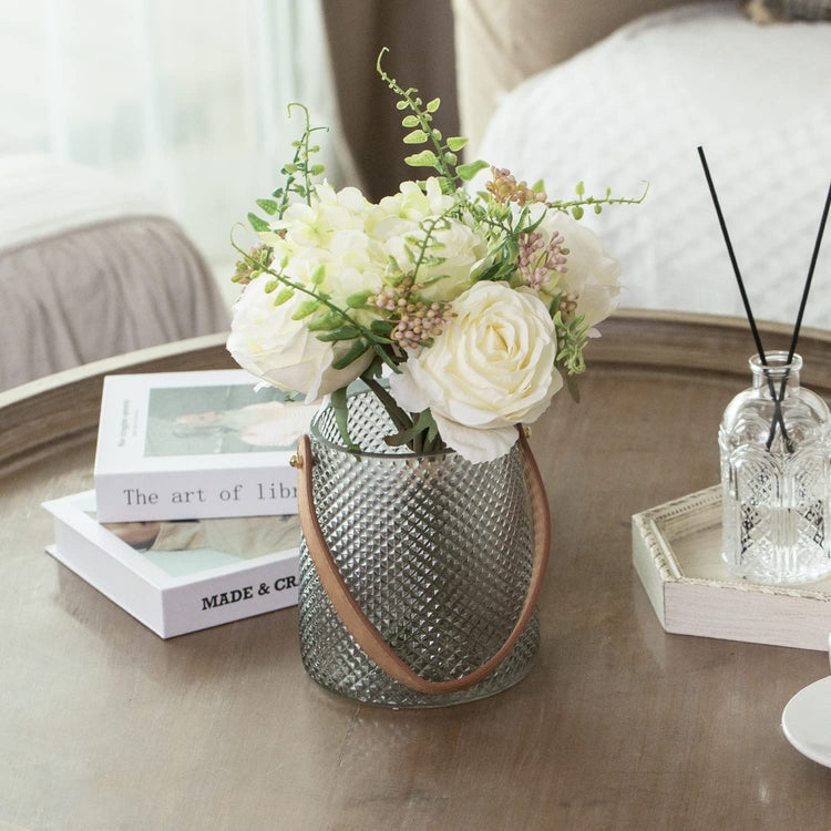 Artificial White Rose Bouquet Arrangement with Gray Tinted Diamond Embossed Glass Vase and Brown Leatherette Handle-MyGift