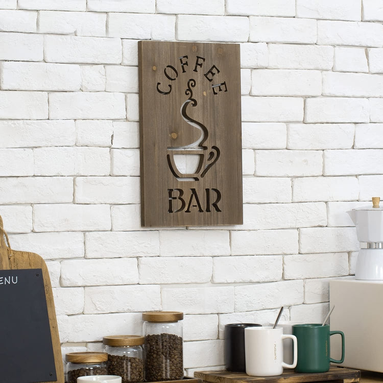 Brown Wood Kitchen Wall Décor Decorative Sign COFFEE BAR Carved Cutout Words and Steaming Cup-MyGift