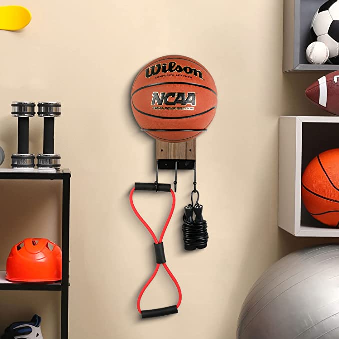 Wall Mounted Matte Black Metal Sports Ball Holder with Rustic Burnt Wood Backing and 3 Utility Storage Hooks-MyGift