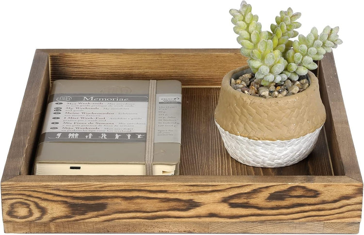 Burnt Wood Square Serving Tray with Handles, 10-Inch Wooden Ottoman, Coffee Table, Centerpiece Tray-MyGift