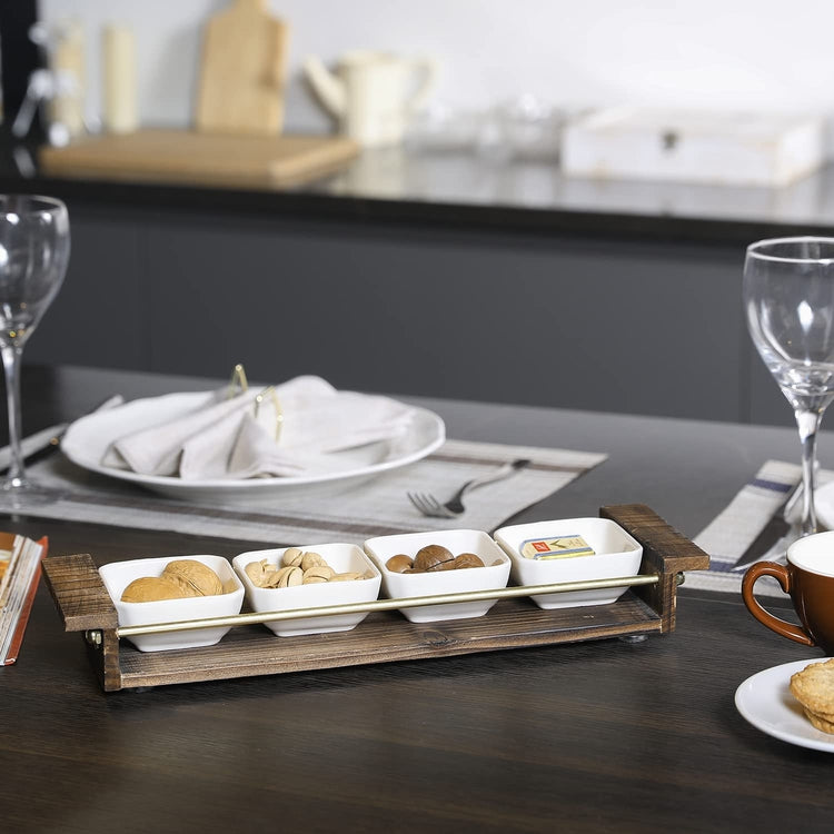 Appetizer Tray Set, White Ceramic Square Dip, Condiment, Sauce Bowls with Burnt Wood Brass Tone Metal Serving Platter-MyGift