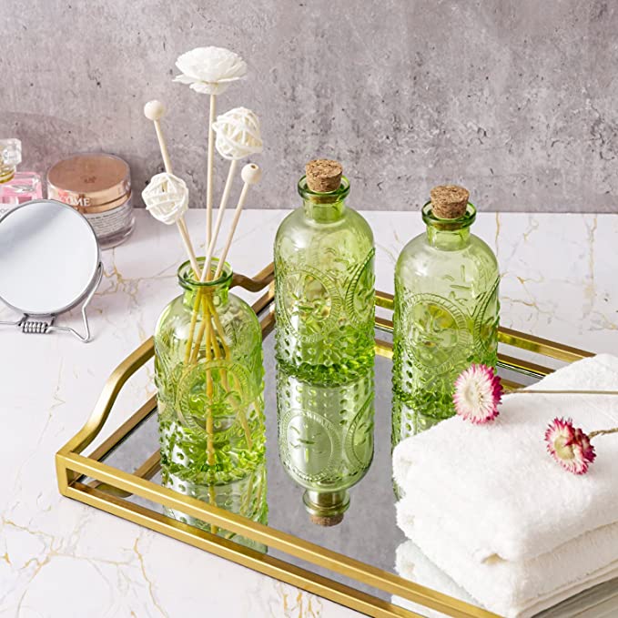 Apothecary Flower Bud Vases, Vintage Design Embossed Green Glass Reed Diffuser Bottle with Cork Lid-MyGift