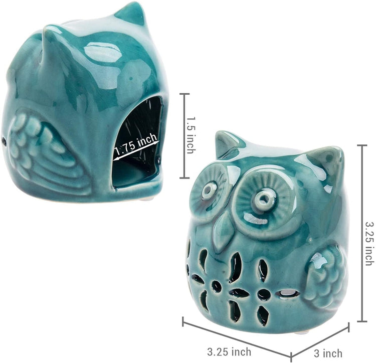 Teal Ceramic Owl Design Decorative Tealight Candle Holders, Set of 2-MyGift