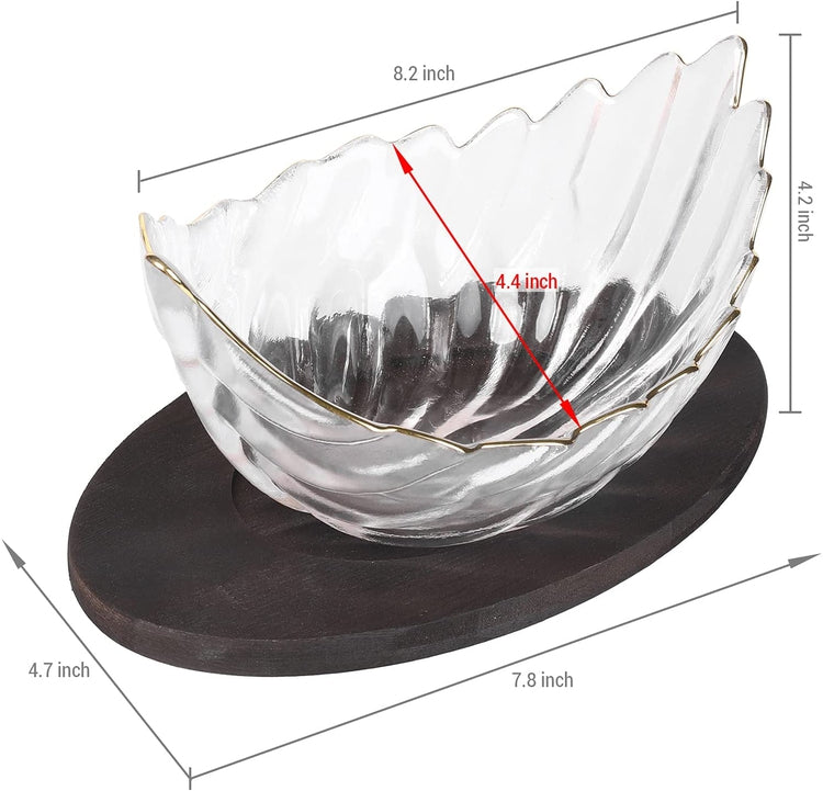 Feather Style Decorative Glass Serving Bowl with Brass Tone Rim and Dark Brown Solid Wood Base Tray-MyGift