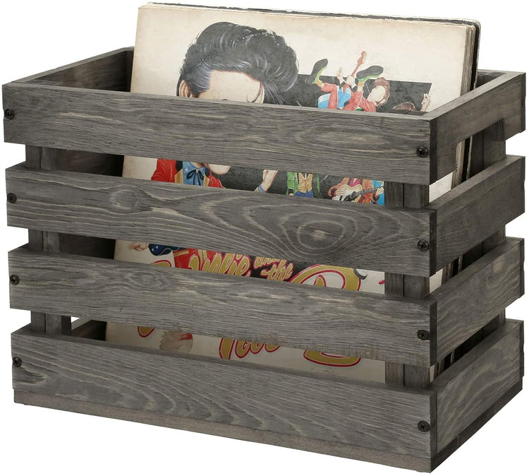 Gray Wood Vinyl Record Holder, Crate Style Organizer Box with Handles, Album Storage Fits 7, 10 and 12-in Discs-MyGift