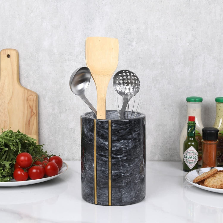 Black Marble Design and Brass Accented Round Ceramic Kitchen Cooking Utensil Holder Crock-MyGift