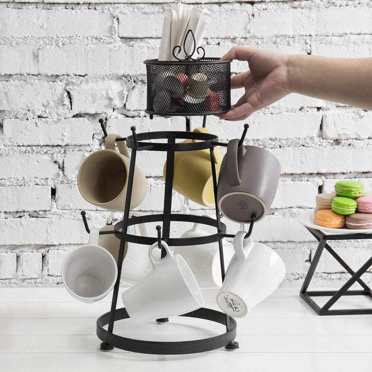 9-Hook Black Metal Coffee Mug Rack & Cup Stand with Utensil Bin and Removable Accessory Basket-MyGift