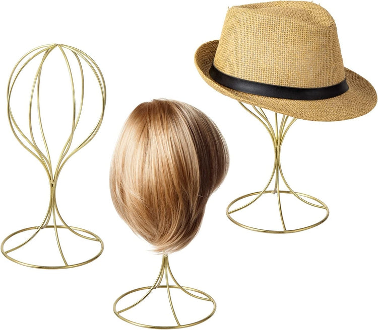 Brass Metal Wig Display Stand, Tabletop Hat Rack, Baseball Cap Storage Form, Set of 3-MyGift