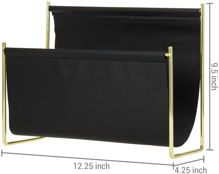 Modern Brass Plated and Black Leatherette Magazine Holder, Tabletop File Organizer Rack-MyGift