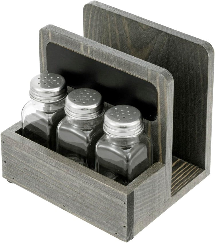 Vintage Weathered Gray Wood Napkin Holder and Spice Rack Caddy with Chalkboard Label and 3 Glass Spice Shakers-MyGift