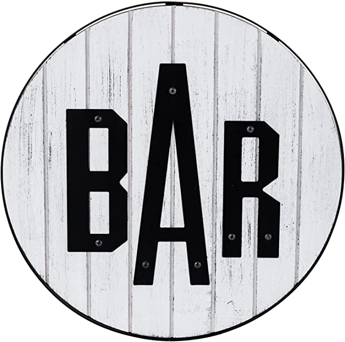 Whitewashed Wood Round Wall Décor Bar Sign with Black Metal Rim and BAR Letters-MyGift