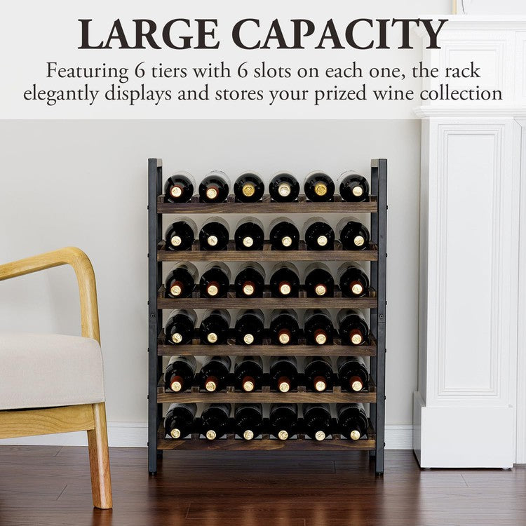 6 Tier Brown Wood and Black Metal Wine Bottle Holder Storage Rack, Holds up to 36 Bottles-MyGift