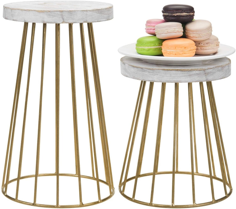 Set of 2 Whitewashed Wood and Vintage Brass Tone Metal Pedestal Display Stands-MyGift