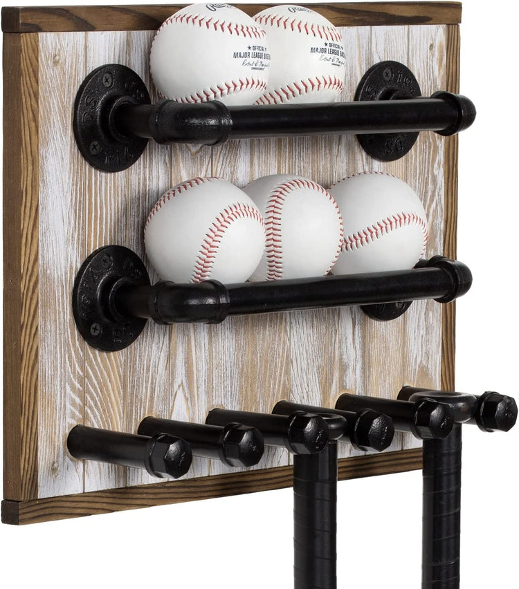 Whitewashed Wood Baseball Holder and Bat Rack with Black Industrial Metal Pipe, Wall Mounted Sports Equipment Holder-MyGift