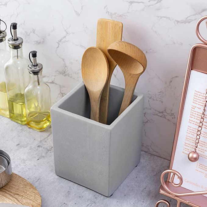Kitchen Utensil Holder, Rectangular Concrete Kitchen Tools Storage Container Crock-MyGift