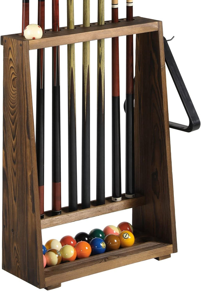Burnt Brown Wood Freestanding Billiards Accessories Rack, Floor Standing Pool Cue Holder, Ball Shelf, and Triangle Hook-MyGift