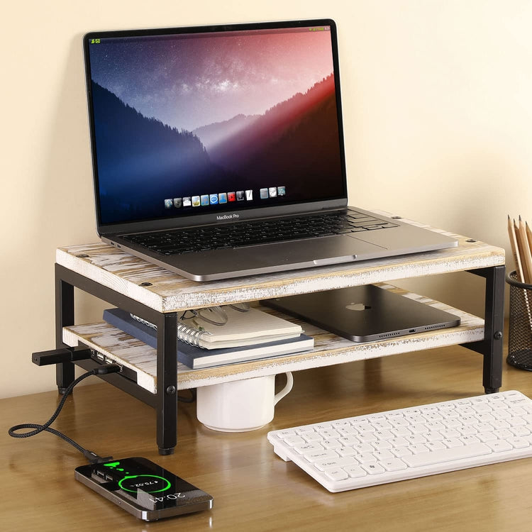 Monitor Stand Riser, Whitewashed Wood and Black Metal Ergonomic Computer Screen Desktop Workstation with USB Ports-MyGift